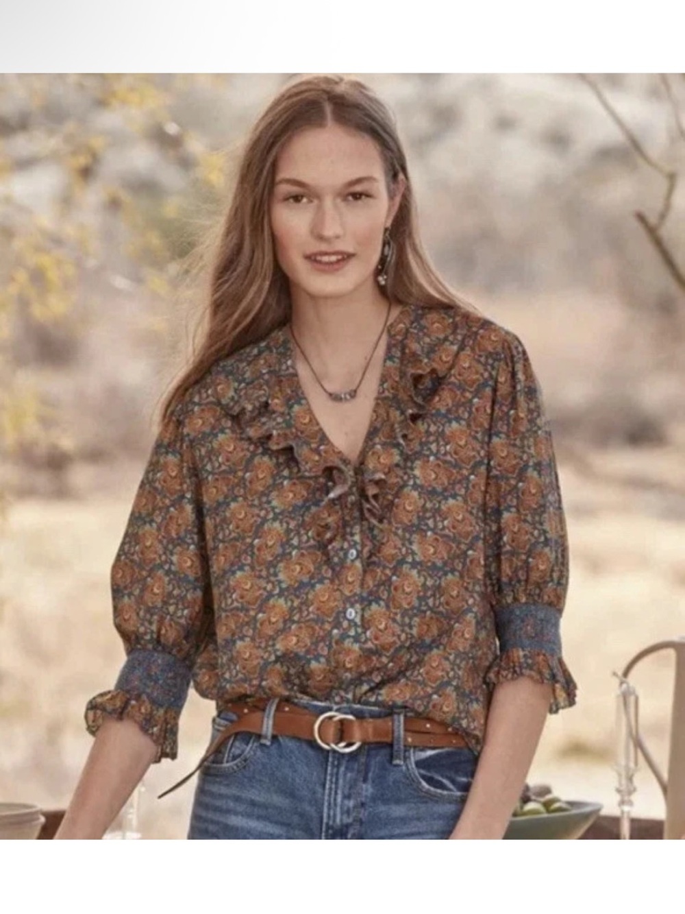 Sundance Jeanie Rust and Navy Floral Ruffle-Tie Blouse top